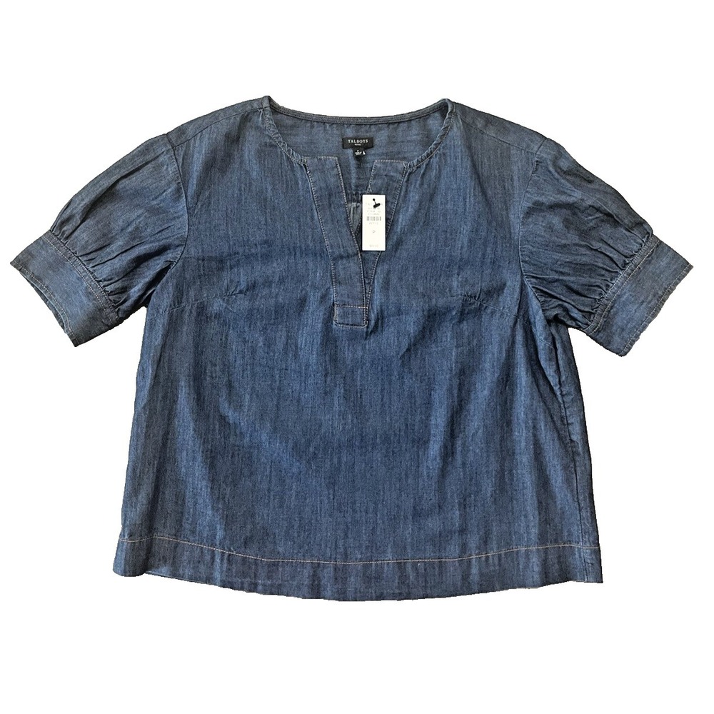 NWT Talbots P Blue Chambray Denim Top Short Sleeve V Neck A-Line Top